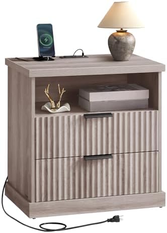 VASAGLE Nightstand with Charging Station, 2 Drawers, Open Shelf