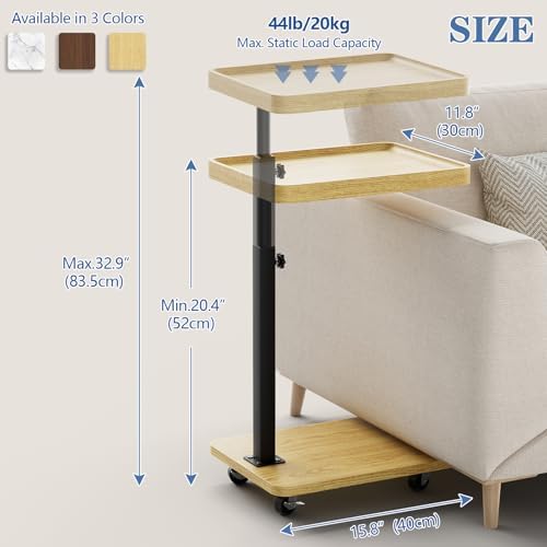 Tv Tray,Adjustable Height C Shaped End Side Table for Eating on Couch that Slide Under,360°Swivel Sofa Snack Dinner Table with Wheels for Living Room and Bedroom, Bed,Chair(Oak+Black)