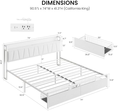 LIKIMIO California King Size Bed Frame with 2 Drawers and Charging Station