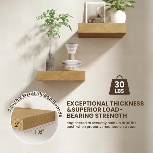 FLYJOE 12 Inch Deep Floating Shelves, 12'' x 12'' Oak Shelves Set of 2