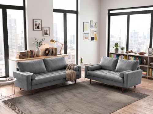 Container Furniture Direct Womble Mid Century Modern Velvet Upholstered Tufted Seat with Bolster Pillows, Loveseat, Sofa, Grey