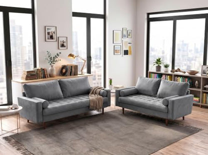 Container Furniture Direct Womble Mid Century Modern Velvet Upholstered Tufted Seat with Bolster Pillows, Loveseat, Sofa, Grey