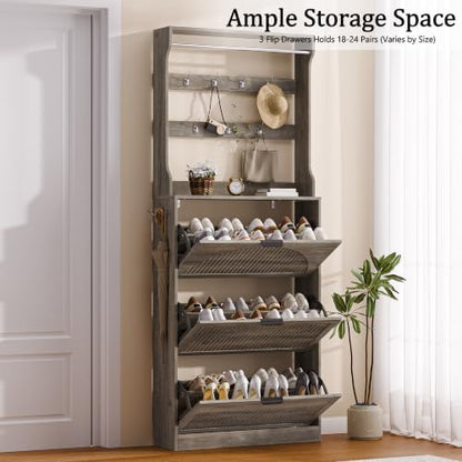 Fluted Shoe Storage Cabinet for Entryway with Coat Rack, Grey