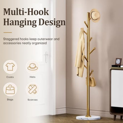Homde Metal Coat Rack Stand: Natural Marble Base with 8 Hooks (Golden)