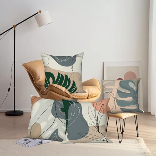 Abstract Leaves Throw Pillow Covers 16''x16'' Set of 4, Geometric Pattern Cushion Covers Minimalist Tropical Palm Trees Pillowcases for Couch Sofa Bedroom Farmhouse Livingroom Garden Patio