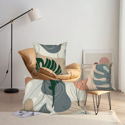 Abstract Leaves Throw Pillow Covers 16''x16'' Set of 4, Geometric Pattern Cushion Covers Minimalist Tropical Palm Trees Pillowcases for Couch Sofa Bedroom Farmhouse Livingroom Garden Patio
