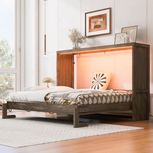 Queen Murphy Bed with Storage,Led Light,Can Be Folded,Brown