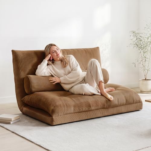 GIANTEX Adjustable Floor Sofa Couch with 2 Pillows, Multi-Functional 6-Position Foldable Lazy Sofa Sleeper Bed, Multi-Functional Suede Floor Seating Sofa for Reading Gaming (Coffee)