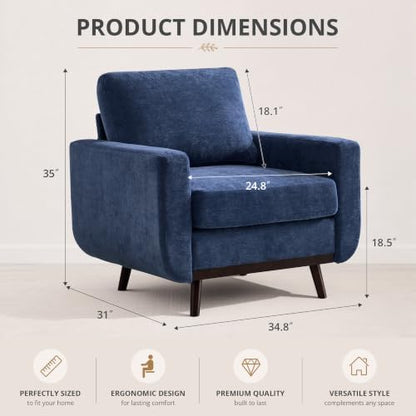 Accent Chair for Bedroom,Reading Chair with Deep Seat,Chenille Armchair with Wood Legs, Comfy Living Room Chairs Single Sofa for Bedroom,Living Room and Apartment(Set of 2,Blue)