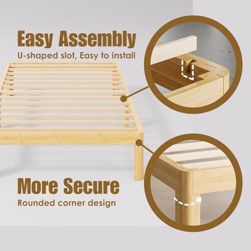 14" Bamboo Wood Twin Bed Frame Platform with Metal Slat Support, Natural