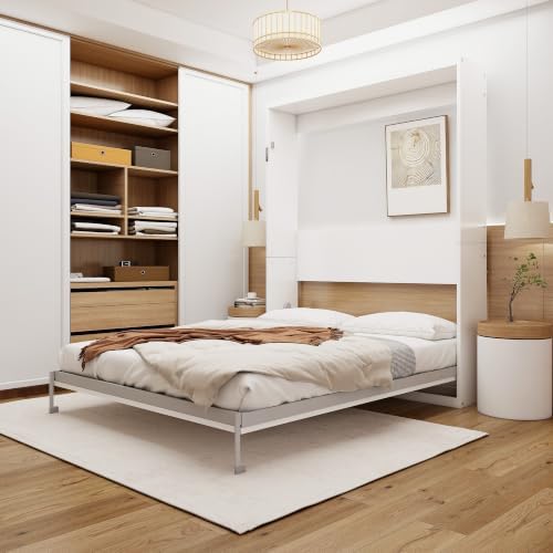 KEIKI Queen Size Vertical Cabinet Murphy Bed with Solid Slats, White