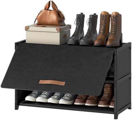 3 Tier Shoe Cabinet with Door, 12-Pair Storage, Black