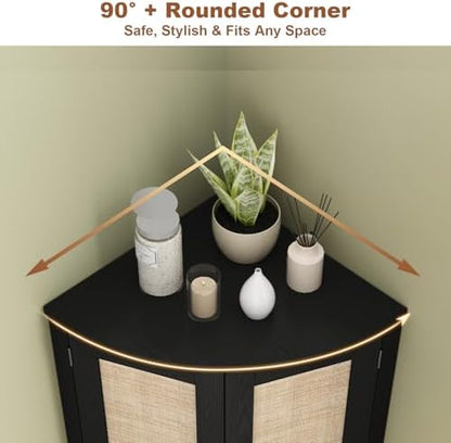 Tall Corner Cabinet, 64.7" Rattan Corner Storage Cabinet, 4 Doors
