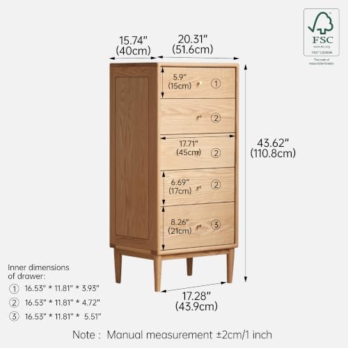 Solid Oak Wood Dresser, 5 Drawer Dresser for Bedroom, Solid Wood Nightstand with Drawers, Modern Chest of Drawers for Living Room, Hallway, Closet, Natural Oak (20.3" W x 15.74" D x 43.62" H)
