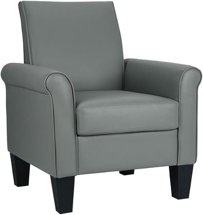 Mid-Century Modern Accent Chair, Overstuffed Leather Chairs for Living Room,Upholstered Comfy Club Chair Fake Faux Leather Armchair for Bedroom Apartment Office Lounge, PU Leather, Grey