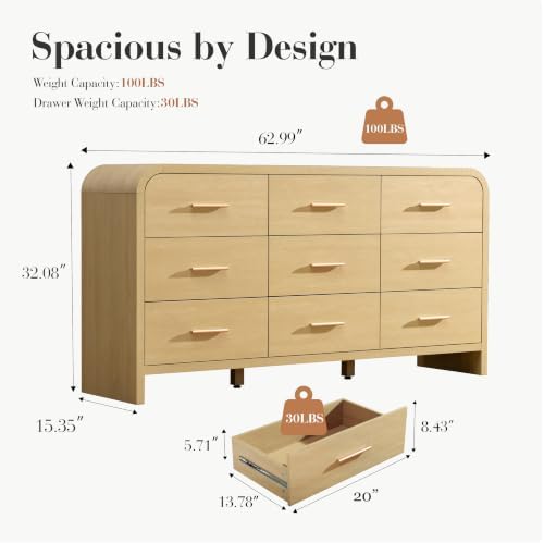 Curved 9-Drawer Dresser for Bedroom, 63" Wide Modern Chest of Drawers, Vanity Desk TV Stand for Living Room, Closet Storage Drawers Organizer Furniture, Nursery, Hallway, Oak