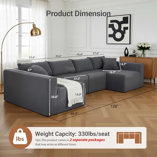Claiks 128" U Shaped Boneless Couch, Corduroy Sectional Sofa, Grey