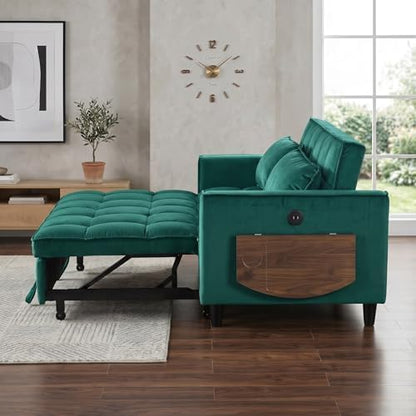4 in 1 Convertible Sofa Bed, Pull Out Couch with Adjustable Backrest, Loveseat Sleeper Sofa Bed with USB Ports and Side Table, Couch Beds for Living Room, Bedroom, Apartment, Green