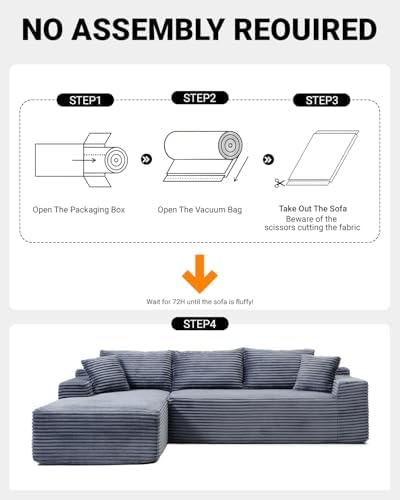 108" Cloud Boneless Couch, L-Shaped Sectional Sofa for Living Room, Grey