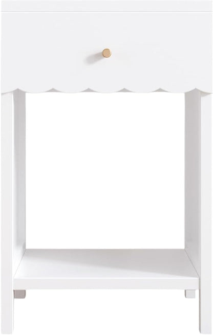 Cute White Nightstand with Drawer and Open Shelf, Scalloped Edge Design Bedroom Bedside Table, Wood End Table for Kids Girls Bedroom, White