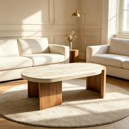 48.42" Oval Faux Travertine Coffee Table Walnut Marble