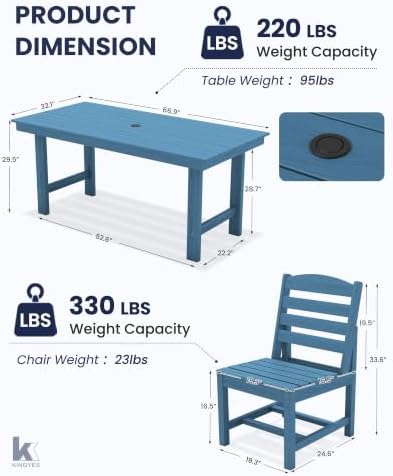 KINGYES 7-Piece Patio Dining Set, HDPE Table Armless Chairs Furniture Blue