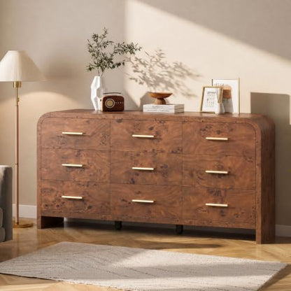 3-Piece Bedroom Set, Curved 9-Drawer Dresser&2-Drawer Nightstands