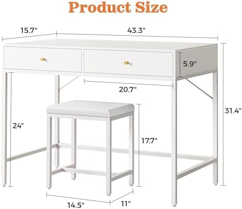 SUPERJARE 43-inch White Desk with 2 Drawers and Padded Stool