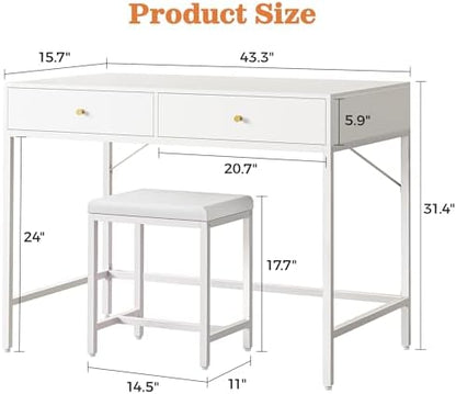 SUPERJARE 43-inch White Desk with 2 Drawers and Padded Stool