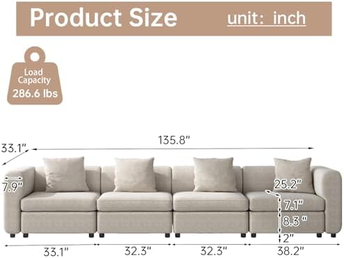 Miuuod 4 Seaters Oversized Sectional Sofa for Living Room,4 Seats for Small Space,Broad Seater & Convertible Couche Lisure Cozy Velvet Seats,Sleeper Sectional Sofa Beige
