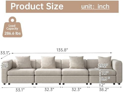Miuuod 4 Seaters Oversized Sectional Sofa for Living Room,4 Seats for Small Space,Broad Seater & Convertible Couche Lisure Cozy Velvet Seats,Sleeper Sectional Sofa Beige