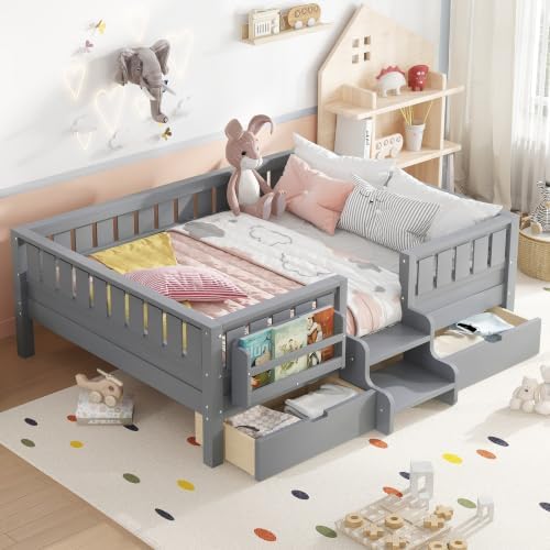 Bellemave Full Size Bed Frame with Storage Drawers & Bookshelf, Low Profile Kids Bed with Staircase & Full Length Guardrails, Solid Wood Full Size Bed Frame Kids with Slats Load 450 LBS, Grey