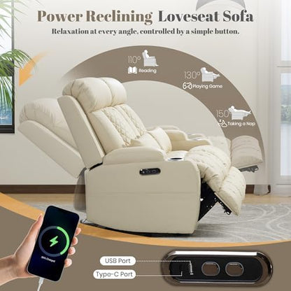 Zero Wall Hugger Power Reclining Sofa Set with Adjustable Headrest, Electric Reclining Couch with Drop-Down Table,Outlets, Power Recliner Loveseat Sofa for Living Room