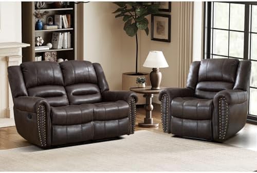 EBELLO Manual Recliner Sofa Set, Faux Leather Reclining Living Room Set, Included Single Recliner Chair and Loveseat Manual Sofa, Vintage Rivet Mid-Century Design for Living Room, Dark Brown