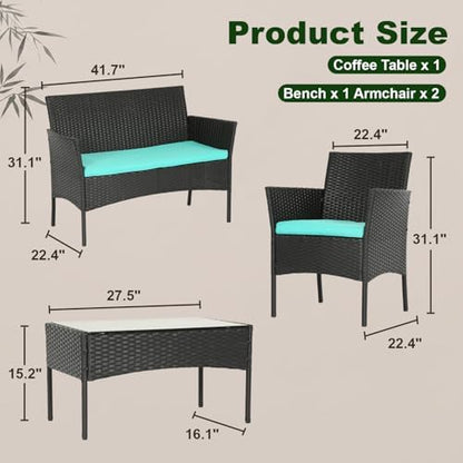 FDW 4-Piece Patio Furniture Set | Blue | Outdoor Wicker Furniture
