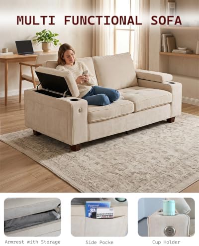 73" Loveseat Sofa, Modern Upholstered Couch for Living Room, Small Space Sofa with Hidden Armrest Storage, USB & Type-C Charging Ports, Adjustable Armrests, Built-in Cup Holders, Beige