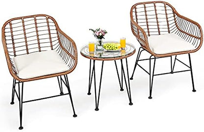 Tangkula 3 Pieces Patio Conversation Bistro Set, Outdoor Wicker Furniture w/Round Tempered Glass Top Table & 2 Rattan Armchairs, Bistro Chat Set w/Seat Cushions for Porch, Backyard, Garden