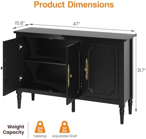 RoyalCraft Buffet Sideboard Cabinet with 3 Doors, Wooden Coffee Bar Credenza with Adjustable Shelves, Vintage Storage Cabinet for Kitchen Dining Entryway Living Room, Black