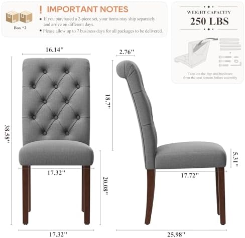 MALOL Upholstered Tufted Dining Room Chairs Set of 4, Parsons Kitchen Chairs with Padded Seat and Solid Wood Legs, Fabric Accent Side Diner Chair for Dining Room/Kitchen/Living Room, Grey