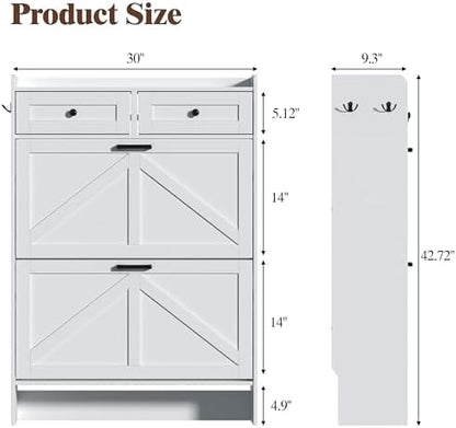 Thacuok White Shoe Cabinet with 2 Flip Drawers & 2 Storage Drawers, Rustic Farmhouse Narrow Shoe Organizer Cabinet, Slim Shoe Rack Cabinet, Shoe Storage Cabinet for Entryway, Hallway, Front Door