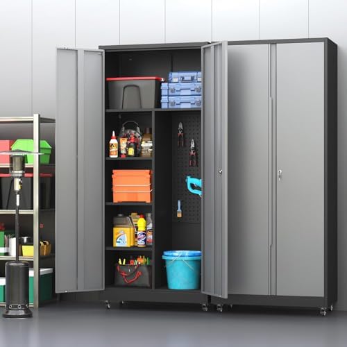 Metal Garage Storage Cabinet with 2 Doors, Adjustable Rolling Tool Storage Cabinet with Lock, 71" Steel Locking Broom Closet with Wheels and Shelves for Garage, Warehouse(Black&Gray, 71" H)