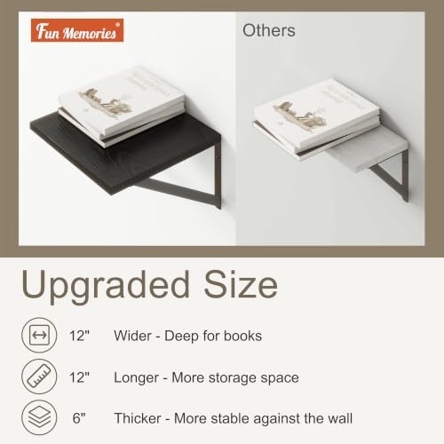 Black Floating Shelves Set of 3, 12"W x 12"D Wall Shelf with Bracket