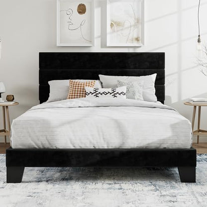 SHA CERLIN Full Platform Bed Frame with Upholstered Velvet Headboard, Black