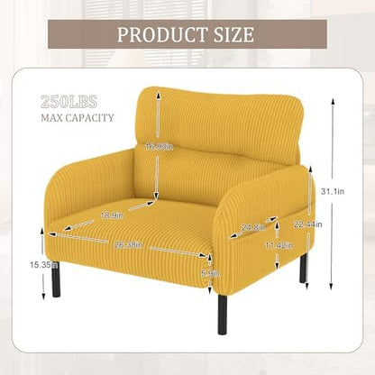 26" Modern Single Couch Sofa, Corduroy Fabric Armchair Upholstered Sofa, Single Sofa Chairs for Small Space, Living Room, Bedroom, Apartment, Yellow