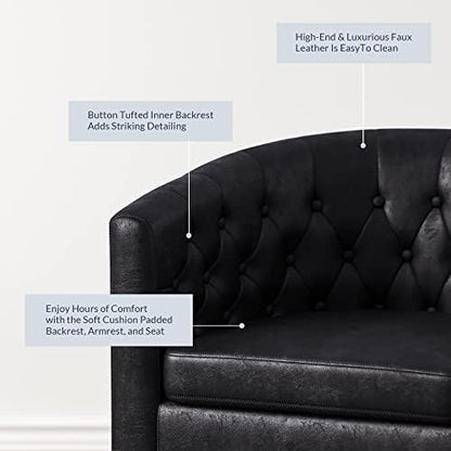 BELLEZE Black Accent Chairs for Living Room, Elegant Arm Chair Upholstered Tufted Barrel Chair Club Chair for Bedroom with Sturdy Legs and Faux Leather - Berlinda (Black)