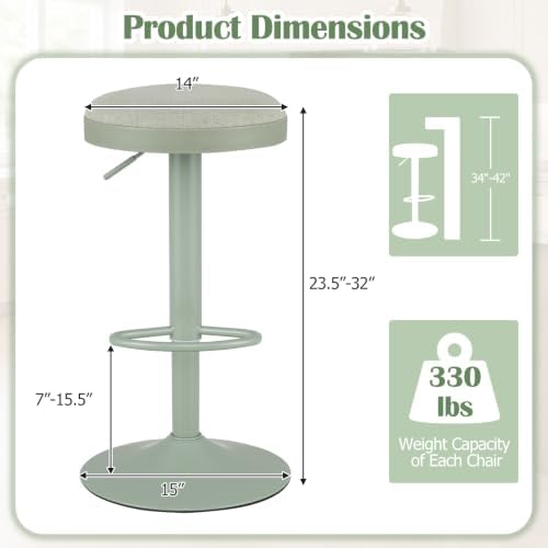 COSTWAY Bar Stools Set of 2, Barstools with Height Adjustment, Light Green