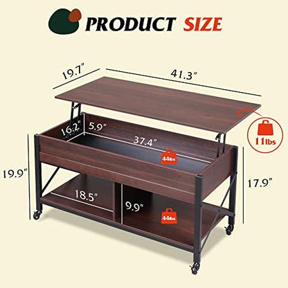 WLIVE Coffee Table Espresso, 41.3" Lift Top Coffee Table with 4 Wheels