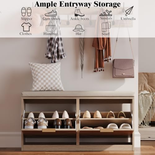 Rattan Shoe Storage Bench with 2 Coat Racks & Padded Cushion