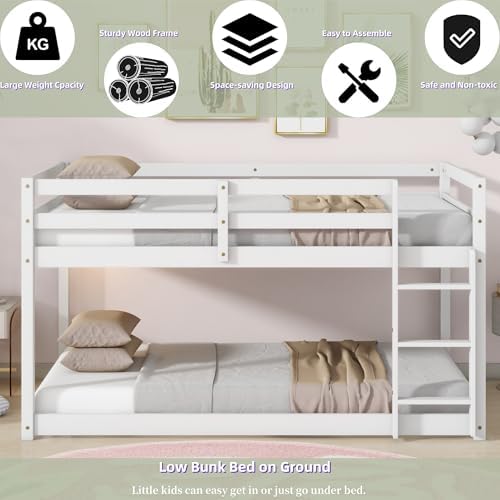 Low Bunk Bed Twin Over Twin with Ladder and Safety Guardrails, Wood Twin Size Floor Bunk Beds for Teens, No Box Spring Needed, White