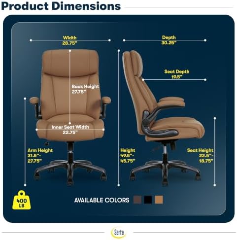 Serta Big and Tall Office Chair with Lumbar Support, Flip Arm Leather Chair